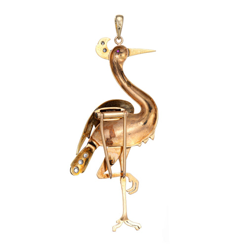 Pendentif Flamant rose - Pendentif ou broche en or jaune 14 carats, diamants 58 Facettes G12143