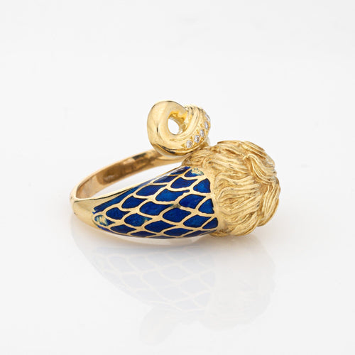 Bague 58 Bague lion vintage en or jaune 18 carats, diamants, rubis et émail bleu 58 Facettes G12697