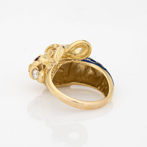 Bague 58 Bague lion vintage en or jaune 18 carats, diamants, rubis et émail bleu 58 Facettes G12697