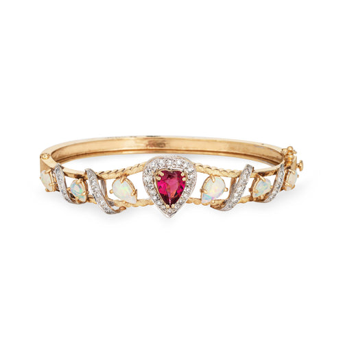 Bracelet Bracelet jonc vintage - Opales, tourmaline rose cœur et diamants en or jaune 14k 58 Facettes G13201