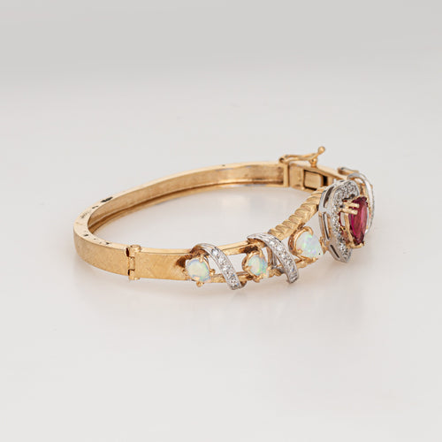 Bracelet Bracelet jonc vintage - Opales, tourmaline rose cœur et diamants en or jaune 14k 58 Facettes G13201