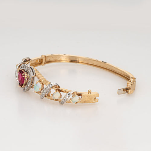 Bracelet Bracelet jonc vintage - Opales, tourmaline rose cœur et diamants en or jaune 14k 58 Facettes G13201