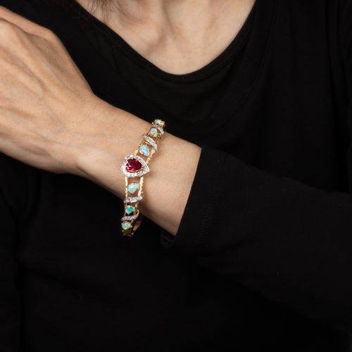 Bracelet Bracelet jonc vintage - Opales, tourmaline rose cœur et diamants en or jaune 14k 58 Facettes G13201