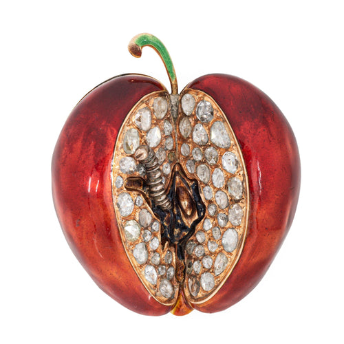 Pendentif Pendentif pomme et ver en or jaune 14 carats et diamants 58 Facettes G13352