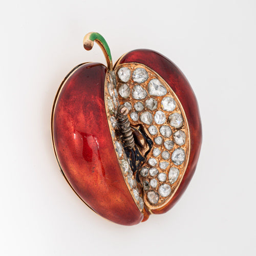 Pendentif Pendentif pomme et ver en or jaune 14 carats et diamants 58 Facettes G13352