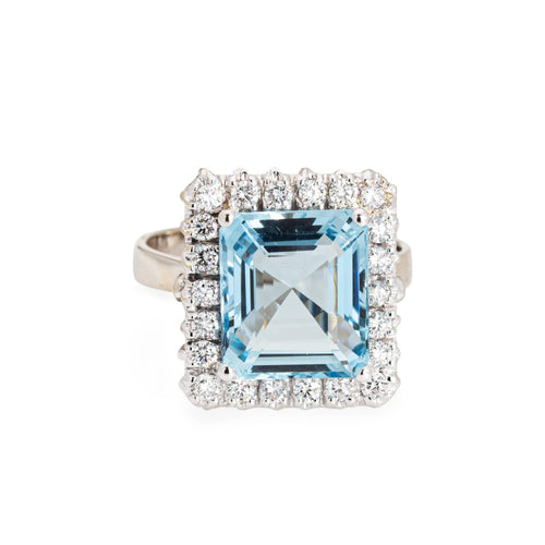 Bague 58 Bague cocktail vintage aigue-marine 5,35 ct et diamants en or blanc 18 carats 58 Facettes G13366