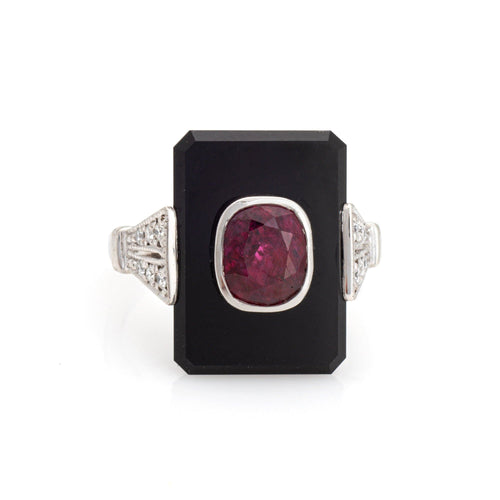 Bague 47 Bague cocktail - en platine 900 avec rubis, onyx et diamants 58 Facettes G13439