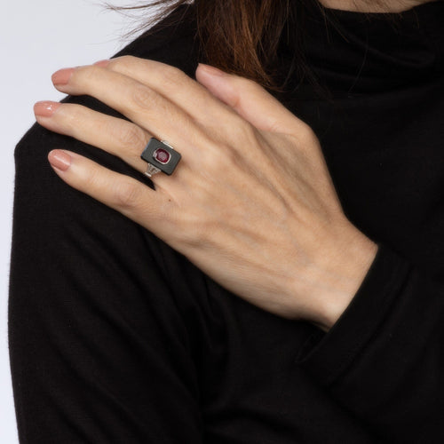 Bague 47 Bague cocktail - en platine 900 avec rubis, onyx et diamants 58 Facettes G13439