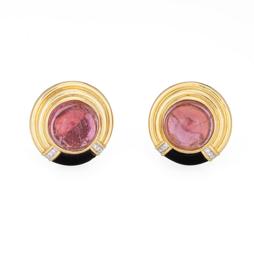 Boucles d'oreilles Boucles d’oreilles vintage en or jaune 18k, tourmaline rose, onyx et diamants 58 Facettes G13605