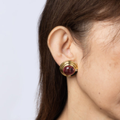 Boucles d'oreilles Boucles d’oreilles vintage en or jaune 18k, tourmaline rose, onyx et diamants 58 Facettes G13605