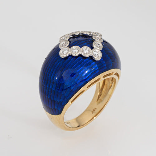 Bague Bague dôme vintage en or jaune 18k, émail bleu et diamants 58 Facettes G13650