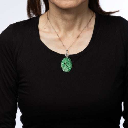 Collier Art déco - Collier fleurs en or blanc 14 ct et platine, jade et diamants 58 Facettes G13669