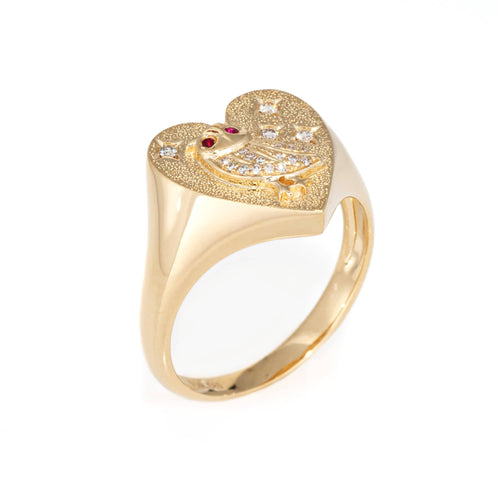 Bague 53 Bague chevalière hibou cœur en or jaune 14 carats, diamants et rubis 58 Facettes G13854