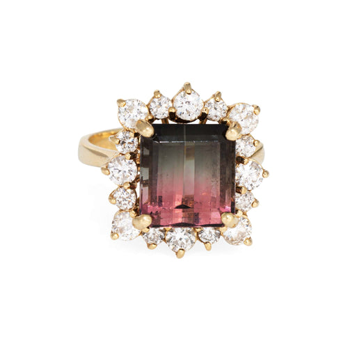 Bague 54 Bague cocktail vintage en or jaune 14k, tourmaline bicolore 5,60 ct et diamants 58 Facettes G13862