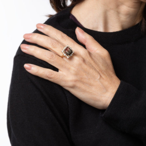 Bague 54 Bague cocktail vintage en or jaune 14k, tourmaline bicolore 5,60 ct et diamants 58 Facettes G13862