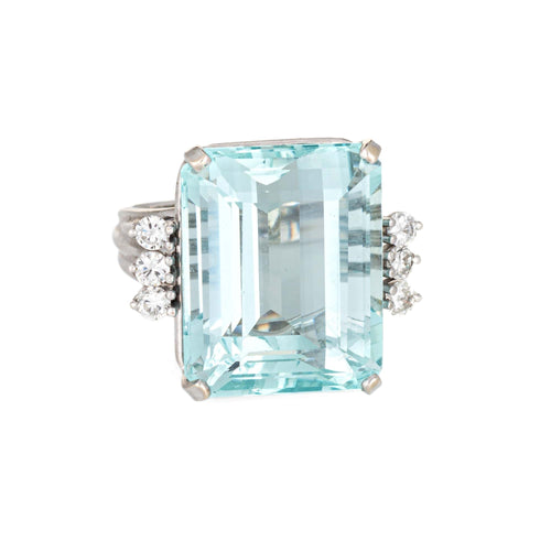 Bague 53 Bague cocktail vintage en or blanc 14k avec aigue-marine 27 ct et diamants 58 Facettes G13870