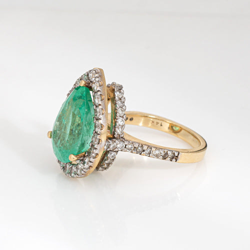 Bague 56 Bague cocktail vintage en or jaune 14k, émeraude poire 8,45 ct et diamants 58 Facettes G13927