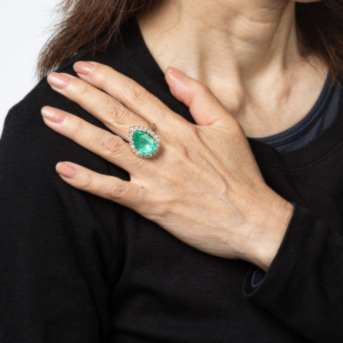 Bague 56 Bague cocktail vintage en or jaune 14k, émeraude poire 8,45 ct et diamants 58 Facettes G13927