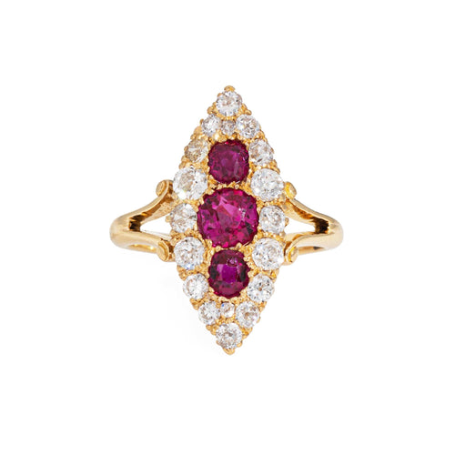 Bague Bague navette victorienne en or jaune 18 carats, rubis de Birmanie et diamants 58 Facettes G13947