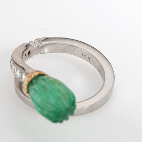 Bague 53 Bague contournée cannelée en or blanc 14k, émeraude et diamants 58 Facettes G13993