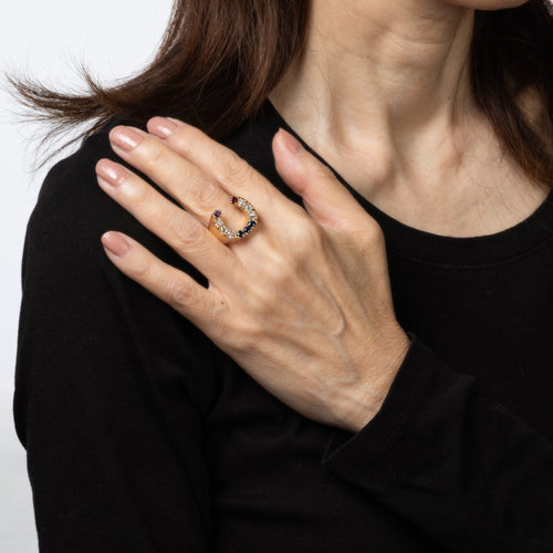 Bague 59 Bague fer à cheval vintage en or jaune 14K, diamants, saphirs et rubis 58 Facettes G14035