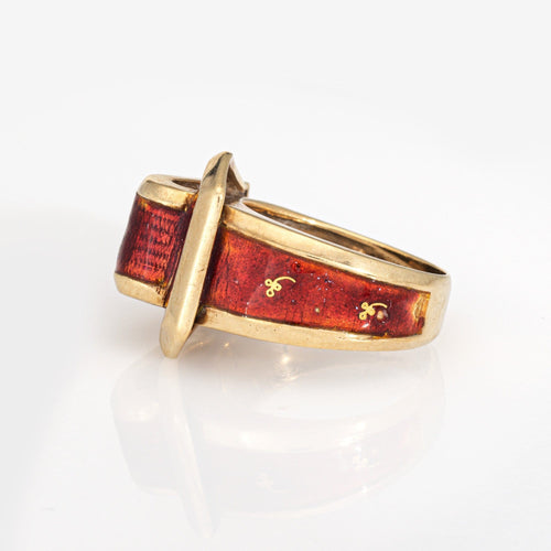 Bague 49 Bague boucle ceinture vintage en or jaune 14k et émail rouge 58 Facettes G14041
