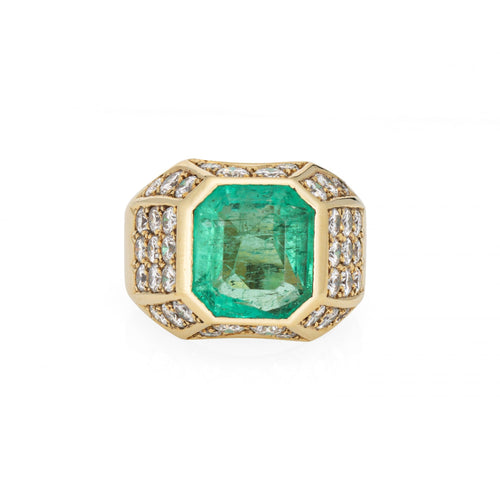 Bague 49 Bague vintage - Émeraude colombienne naturelle 6,05 ct et diamants en or jaune 18 ct 58 Facettes G14081