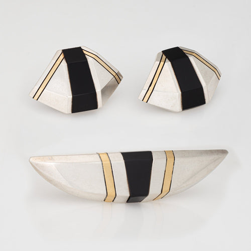 Boucles d'oreilles Cartier - Parure vintage boucles d’oreilles et broche en or jaune 18 ct, argent et onyx 58 Facettes G14098