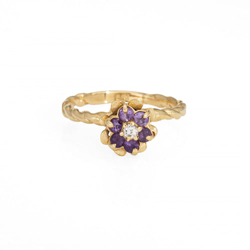 Bague 50 Bague tulipe vintage en or jaune 14 carats, améthystes et diamant 58 Facettes G14104