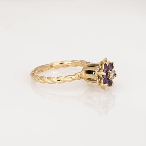Bague 50 Bague tulipe vintage en or jaune 14 carats, améthystes et diamant 58 Facettes G14104