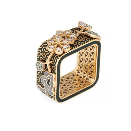 Bague 54 Yewn - Bague carrée en or jaune 18 carats, diamant et émail noir 58 Facettes G14118