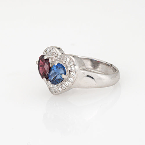 Bague Toi & Moi - Bague cœur en platine 900 avec diamants, saphir et grenat 58 Facettes G14133