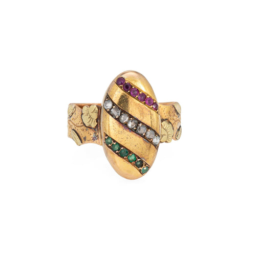 Bague 55 Bague Belle Époque française en or jaune 18 carats, diamants, rubis et émeraudes 58 Facettes G14137