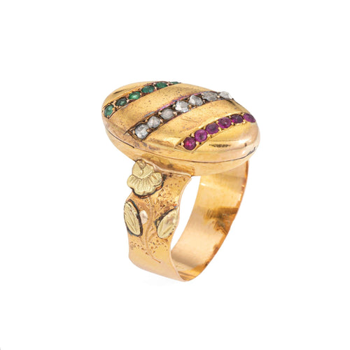 Bague 55 Bague Belle Époque française en or jaune 18 carats, diamants, rubis et émeraudes 58 Facettes G14137