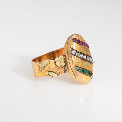 Bague 55 Bague Belle Époque française en or jaune 18 carats, diamants, rubis et émeraudes 58 Facettes G14137
