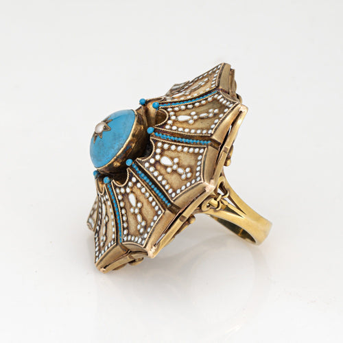 Bague 57 Bague cocktail vintage en or jaune 14 carats et émail bleu 58 Facettes G14147