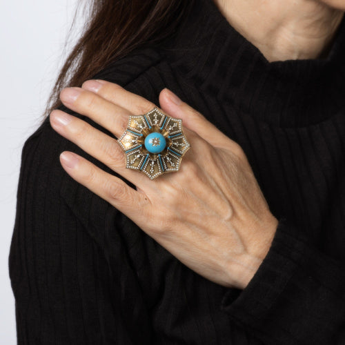 Bague 57 Bague cocktail vintage en or jaune 14 carats et émail bleu 58 Facettes G14147