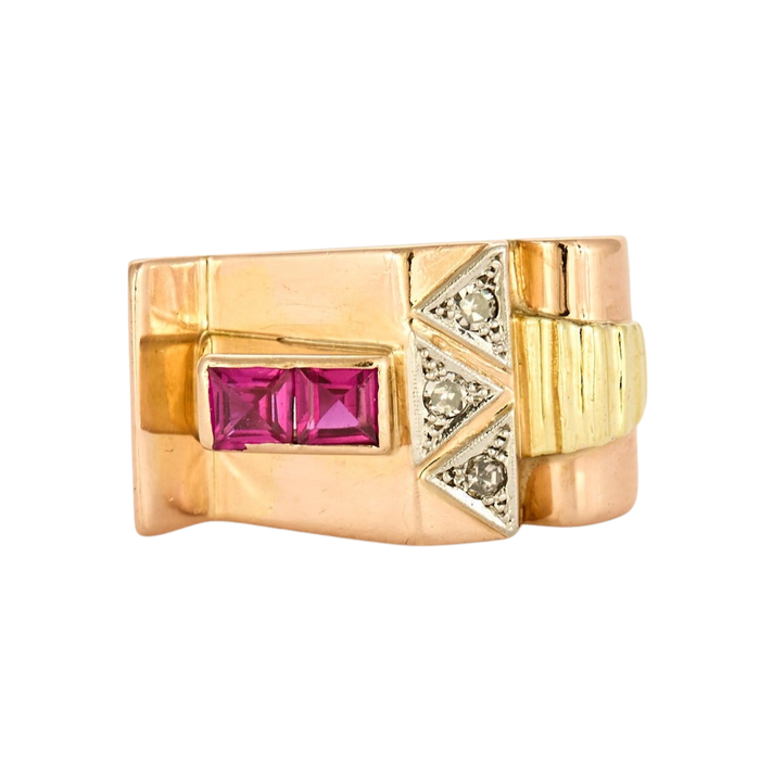 Bague Tank en or de trois couleurs, rubus de synthèse et diamants