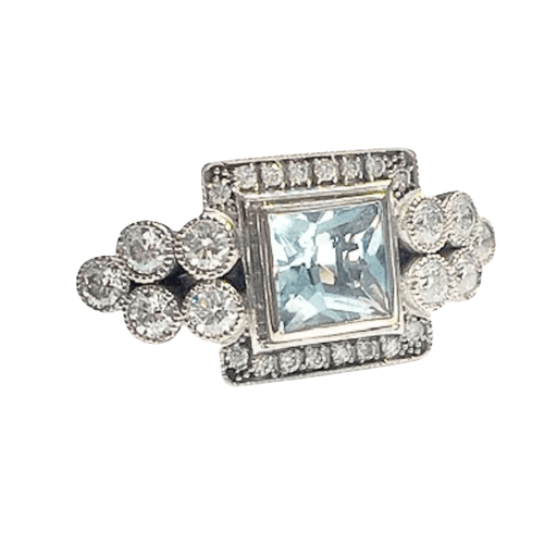 Ring 51 Art Deco style ring in 18kt gold with diamonds and aquamarine 58 Facettes Q56B