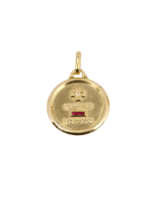 Pendentif Médaille amour Augis ronde Plus qu'hier moins que demain or jaune diamant rubis 58 Facettes J506