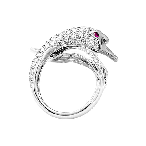 Bague 51 Boucheron Animaux de Collection - Bague « Cypris, le Cygne » en or blanc, diamants et rubis 58 Facettes 34865