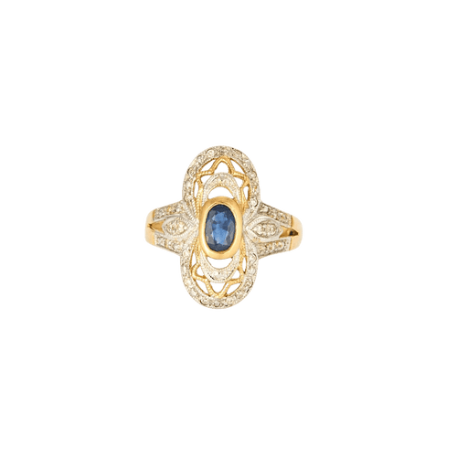 Bague Bague vintage or jaune et blancs, saphir, diamants 58 Facettes