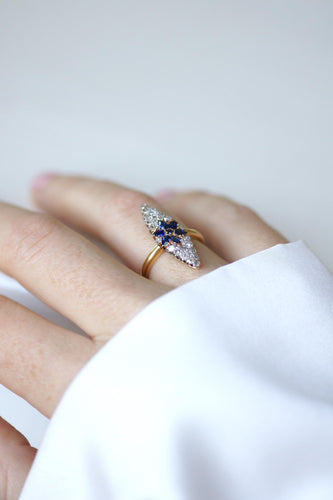 Bague 50 Bague marquise étoile en or jaune 18k et platine, saphirs et diamants 58 Facettes