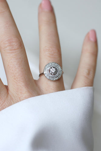 Bague 54 Bague cible Art déco double entourage en or blanc 18k, platine et diamants 58 Facettes