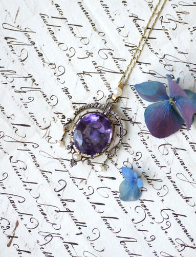 Pendentif Pendentif ancien en or jaune 18k, argent, améthyste, perles fines et diamants 58 Facettes