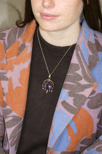 Pendentif Pendentif ancien en or jaune 18k, argent, améthyste, perles fines et diamants 58 Facettes