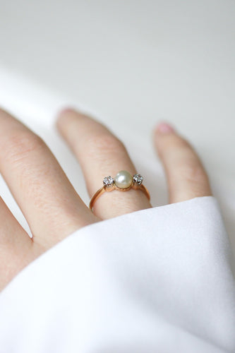 Bague 59 Bague - Bague Belle Époque en or jaune 18k et platine, perle fine et diamants 58 Facettes