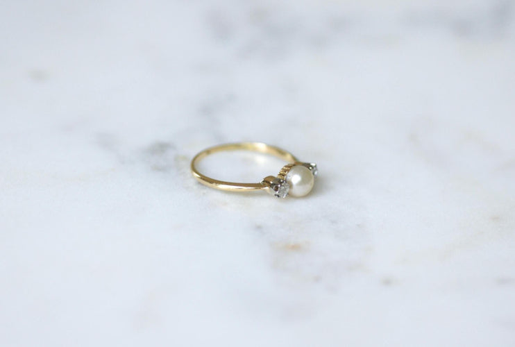 Bague 59 Bague - Bague Belle Époque en or jaune 18k et platine, perle fine et diamants 58 Facettes