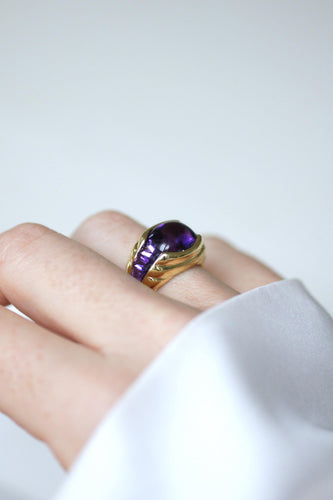 Bague 49 Bague boule à gaudrons en or jaune 18k et améthystes 58 Facettes