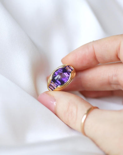 Bague 49 Bague boule à gaudrons en or jaune 18k et améthystes 58 Facettes